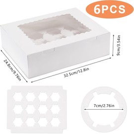 Sivaopa 12 Holes Cupcake Boxes, White Muffin Transport Box, Cupcake Transport Box with Transparent Window, Bakery Boxes for Cupcake Carrier, Cupcake Containers (Pack of 6)