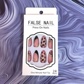 Almond Press on Nails Medium Length Fake Nails Full Cover Pink False Nails with Leopard Print Designs Glossy Black Nail Tips Acrylic Nails Fall Press on Nails for Women Girls Autumn Winter Nail Art