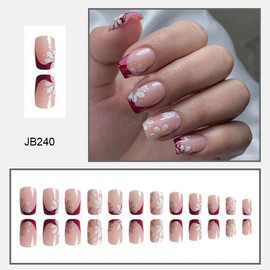 Red French Tips Press on Nails Short Square Fake Nails with White Flower Design Floral Glue on Nails Glossy Spring Nails Reusable Summer False Nails for Women Girls Manicure 24pcs
