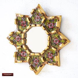 Green Hanging Round wall mirror living room decor - Peruvian Painted glass mirror wall art decor - ornate mirror on the wall decorative