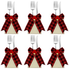 12 Pieces Christmas Silverware Holder Burlap Utensil Holder Xmas Tableware Holder Buffalo Plaid Cutlery Fork Bag for Christmas Party Dinner Tableware Decoration (Red and Black)