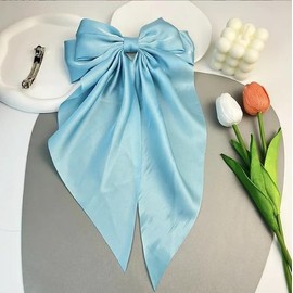 Light Blue Jumbo Bow Clip Bow Clip For Girls Silky Satin Large Hair Slides Metal Clips French Long Tail Bowknot Hairpin Hair Pins,Clips and Barrettes Accessories