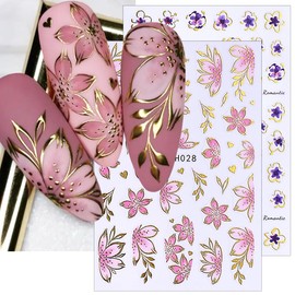 Gold Line Cherry Blossom Flower Nail Stickers Pink Purple Floral Nail Decals Leaf Sakura Flower Stickers For Nails Design 3D Bronzing Border Petals Flowers Sticker Nails For Women Manicure Accessories