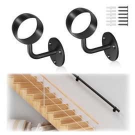 ZBuildMars 2 Pack 304 Stainless Steel Stair Railing Bracket, Black Round Base Handrail Brackets, Stair Brackets for 2" Round Stair Handrail