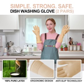 DABOGOSA Mamison 2 Pairs Reusable Waterproof Household Dishwashing Cleaning Rubber Gloves, Non-Slip Kitchen Glove (Ivory, Large (Pack of 2))