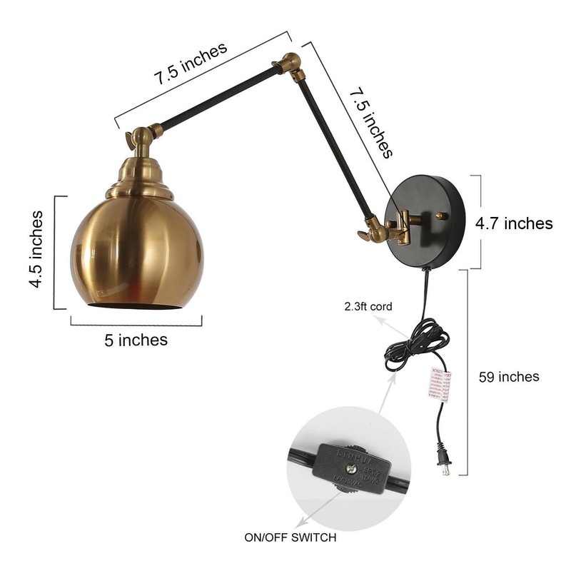 GEPOW Black Gold Swing Arm Wall Sconce, Modern Plug-in or