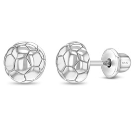 925 Sterling Silver Polished Soccer Ball Safety Screw Back Earrings For Little Girls & Preteens - Children's Sports Accessories for Game Day - Soccer Ball Earrings for Children