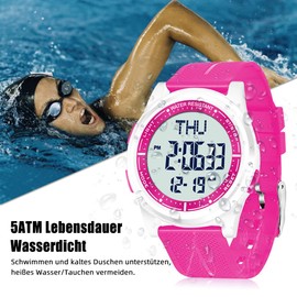 WIFORT Digital Watches Men Women 5 ATM Waterproof Watch with EL Backlight Dual Time Zone Stopwatch Countdown Alarm Clock Ultra Light and Wide Angle Display Digital Watch Unisex, pink
