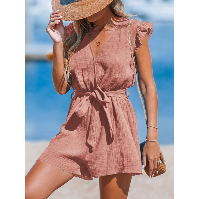 CUPSHE Women's Jumpsuit V-Neck Wrap Look Romper Flutter Sleeves Wide