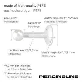 PIERCINGLINE PTFE Labret with Internal Thread Titanium Attachment Synthetic Pearl Piercing Lip Nose Ear Helix Tragus Medusa Choice of Colours and Sizes, Titanium Faux Pearl PTFE Titanium Faux Pearl