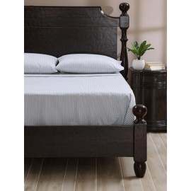 Cuddledown Striped Organic Percale Sheet Set | 100% Organic Cotton | Premium Quality | Soft | Breathable | Oeko-TEX Standard 100 | Deep Pockets | 3 Piece Set | Twin Size | Steel Blue Stripe