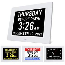 Johnziny 8 Inch Digital Day Calendar Clock, Dementia Clock for Seniors,Large Display Digital Clock with Date and Day for Elderly,12 Alarm Options and 8 Labels, with Auto-Dimming, Play Video (White)