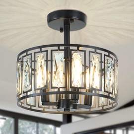 KMaiPem 4-Light Modern Crystal Semi Flush Mount Ceiling Light, Farmhouse Black Round Ceiling Light Fixture, Drum Close to Ceiling Light Fixture for Kitchen Island Entryway Hallway Foyer