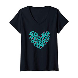 Womens Leopard Pattern Heart / Pink & Blue Cheetah Print Design V-Neck T-Shirt