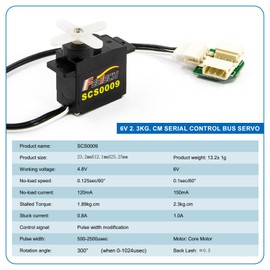RCmall SCS0009 Serial Bus Servo Kit SCS0009 2.3KG Micro Servo Metal Gear w/300° Encoder TTL/RS485 for Robot Arm, RC Helicopter, Arduino, STEAM (5 Servos)