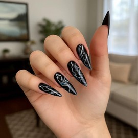 24PCS Long Stiletto Black French Press On Nails – Glossy Almond Shape with White Marble and Glitter Design, Stiletto Shape Base Marble Effect Design, Fake Nails for Women (Black French)