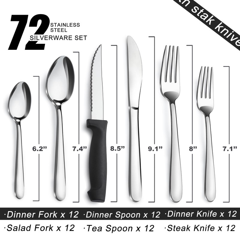 Pleafind 72-Pieces Silverware Set for 12, Flatware Set with Steak