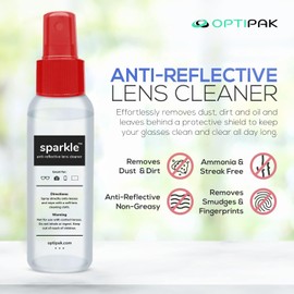 OPTIPAK Sparkle Anti-Reflective Lens Cleaner Spray kit | (2X) 1oz Glasses Cleaner Bottle + (2X) Microfiber Cloth for Eyeglasses, Sunglasses, Lenses, Screens and Camera Cleaning Kit (4 Piece Set)