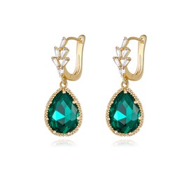 EleQueen Elegant Dainty Crystal Square Waterdrop Dangle Earring for Women, May Birthstone Gorgeous Rhinestone Teardrop Drop Earrings Jewelry Gift Green Gold-Tone