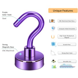 Neosmuk Magnetic Hooks,30lb+ Heavy Duty Earth Magnets with Hook for Refrigerator, Extra Strong Cruise Hook for Hanging, Magnetic Hanger for Curtain, Grill (Purple, 15 Pack)