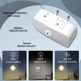 Night Light Socket with Motion Sensor Indoor - [Pack of 4] Brightness Dimmable Night Light with On/Auto/Off Modes, Socket Light for Children's Room, Bedroom, Stairs, Aisle, Kitchen, 2800-6500 K, Warm