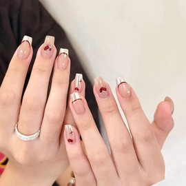 Red Heart Press on Nails Medium Square French Tip Fake Nails Romantic Acrylic Glue on Nails Glossy Full Cover Stick on Nails for Women DIY Manicure