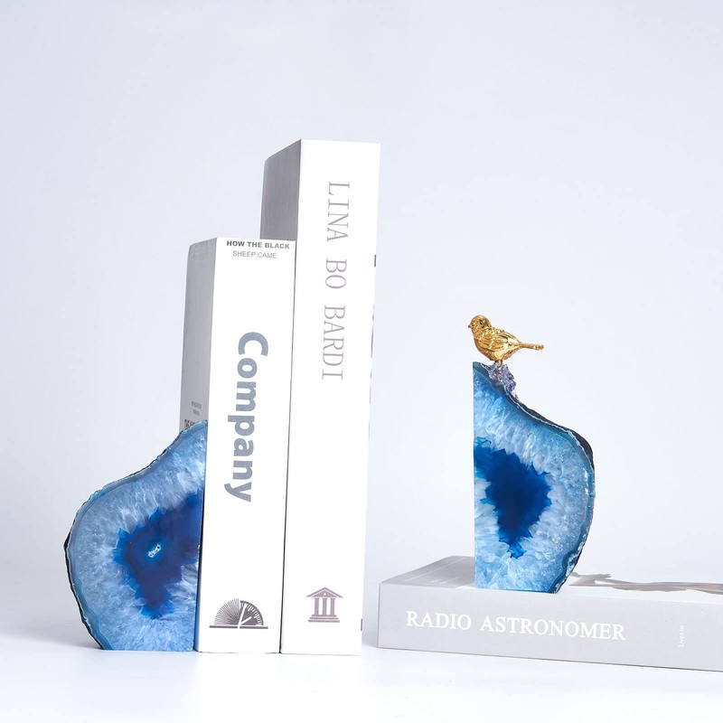 Yougoals Blue Agate Bookends for Shelves, Geode Crystal Book Ends