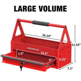 UNITEDPOWER Handy Tool Box With 1 Drawer，Portable Metal Tote Tray with comfortable grip handle, Tool Organization for Household, Warehouse, Repair Shop, Red