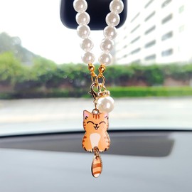 Double-side Cat Rear View Mirror Accessories, Cute Car Decor for Women, Pearl Chain Mini Cats Car Charms Rearview Mirror Accessories