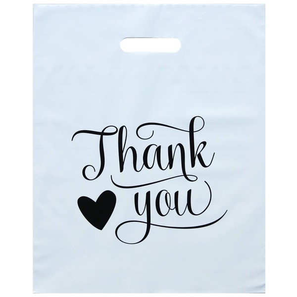HomeWorthy (100 Pack Premium White With Heart 12 x 15 Inch Thank You Bags for Small Business - Premium Thickness Plastic Shopping Bags with Durable Handles