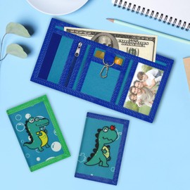 sundee RFID Blocking Wallet,3 Packs Kids Wallet Bulk,Mini Trifold Coin Purse Cartoon Wallet,Front Pocket Wallet with Zipper for Kids,Canvas Outdoor Sports Wallets with Magic Sticker - Dinosaur 4
