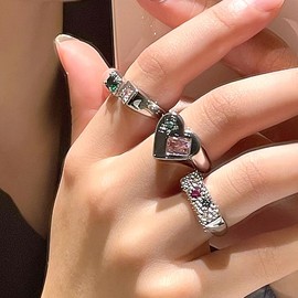 GIGB PBDK Chunky Gold Knuckle Ring Set Stackable Crystal Rhinestone Cuban Heart Midi Joint Ring Dainty Birthday Jewelry Accessory Gifts for Women (3 Silver Heart)