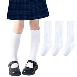 Girls Knee High Socks Cable Knit Knee Socks Kids School Uniform Socks 3 Pairs White Seamless Cotton Tube Socks Unisex Child Boys Girls Soccer Socks (White, 5-7 Years)