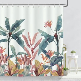 Bonhause Shower Curtain Tropical Leaves Green Banana Leaves Shower Curtains 180 x 200 cm Anti-Mould Waterproof Polyester Fabric Washable Bathroom Curtain for Bathroom with 12 Hooks