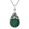 Floral Vine Ornate Teardrop Green Malachite .925 Silver Pendant Necklace
