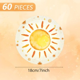 Sun Plates,60Pcs 7Inch First Trip Around The Sun Plates,Boho Hippie Sunshine Party Tableware Set,Sunshine Yellow Paper Plate,for Baby Shower,1st Birthday Party Decorations Supplies,Serves 60