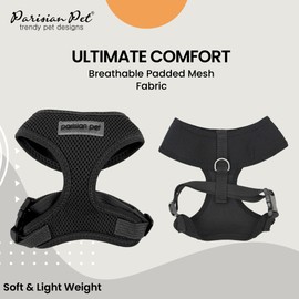 Parisian Pet Dog Harness - Adjustable, No Pull, Soft Padded Mesh Pet Harness for Cats and Dogs - Black, Size S