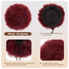 Afro Puff Drawstring Ponytail Natural Real Human Hair for Black Women 8 Inch Christmas Kinky Curly Ponytail Extension Cheer Curly 4c Ponytail High Bun Fake African American Big Afro Puffs Burgundy 50g
