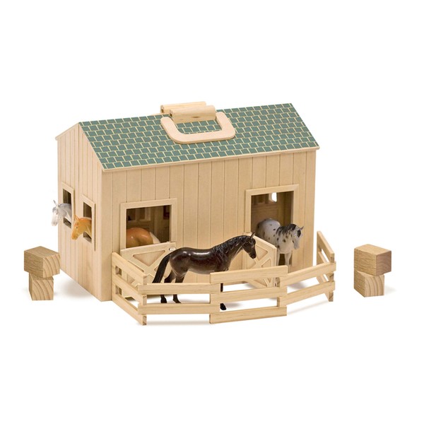 Melissa & Doug Fold and Go Wooden Horse Stable Dollhouse With Handle and Toy Horses (11 pcs) - Portable Horse Barn Play Set, Toy Horse Figures For Kids 3+
