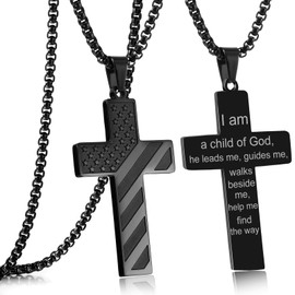 Black American Flag Cross Necklace for Men Bible Verse,I am a Child of God Christian Religious Scriptures Faith Baptism 1st First Communion Cross Pendant Chain for Boys,Father's Day Gifts For Dad