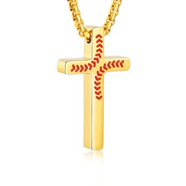 P.BLAKE Baseball Cross Necklaces for Boys Kids Men, Stainless Steel Cross Neckalce Pendent Chain 18 Inches Gold, First Communion Confirmation Baptism Christian Christmas Jewelry Gifts for Son Teenage Age