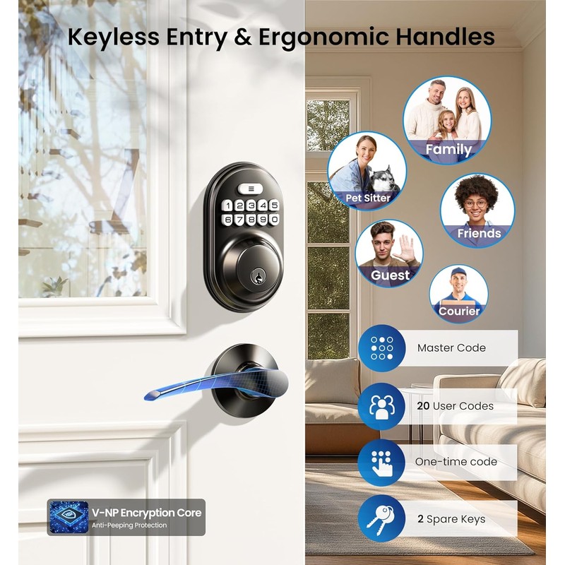 Veise Keyless Entry Door Lock with 2 Lever Handles -