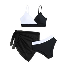 BOVOSHA Girls 3 Piece Bikini Sets for Kids Swimsuits Straps Tops + Briefs + Beach Cover Up Baisthing Suits (Black, 12-14T)
