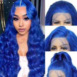 mululi 24 Inch Blue Wig Human Hair 200% Density Blue Lace Front Wig Human Hair Body Wave HD Lace Wigs Human Hair Pre Plucked 13x4 Transparent Lace Front Wigs Human Hair Blue Wigs with Baby Hair