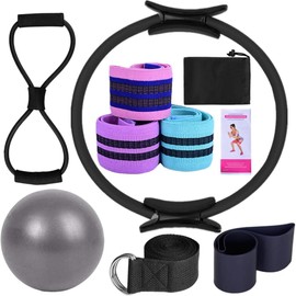 Oylyoyea 8Pcs Yoga Sets for Women Pilates at Home Equipment Pilates Magic Ring Booty Bands for Working Out Glutes Yoga Ball 25cm Figure 8 Resistance Band Yoga Bands for Stretching (Black) (Black)