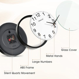 WISKALON 10 inch Silent Non-Ticking Elegant Black Frame Wall Clock,Classic Digital Wall Clocks with Glass,Battery Operated Easy to Read Decorative for Home Office School Kitchen White