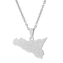 NHQZ Halskette mit Anhänger Karte Anhänger Halskette für Frauen Männer Edelstahl Personalisierte Minimalistische Ausgehöhlt Charme Italien Sizilien Karte Umriss Anhänger Halsketten Schmuck (Silber)