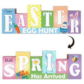 Happy Easter & Hello Spring Wood Decorations Sign -13" Rabbits And Wildflowers Double-Sided Tabletop Desk Decor - Rustic Easer Spring Party Farmhouse Home Office Table Centerpiece & Accessories - A01
