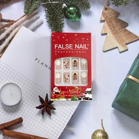 24Pcs Christmas Press on Nails with Designs, Short Square Fake Nails Cute Snow Elk False Nails Full Cover White Glue on Nails Winter Acrylic Nails Reusable Stick on Nails for Women Girls Nail Art