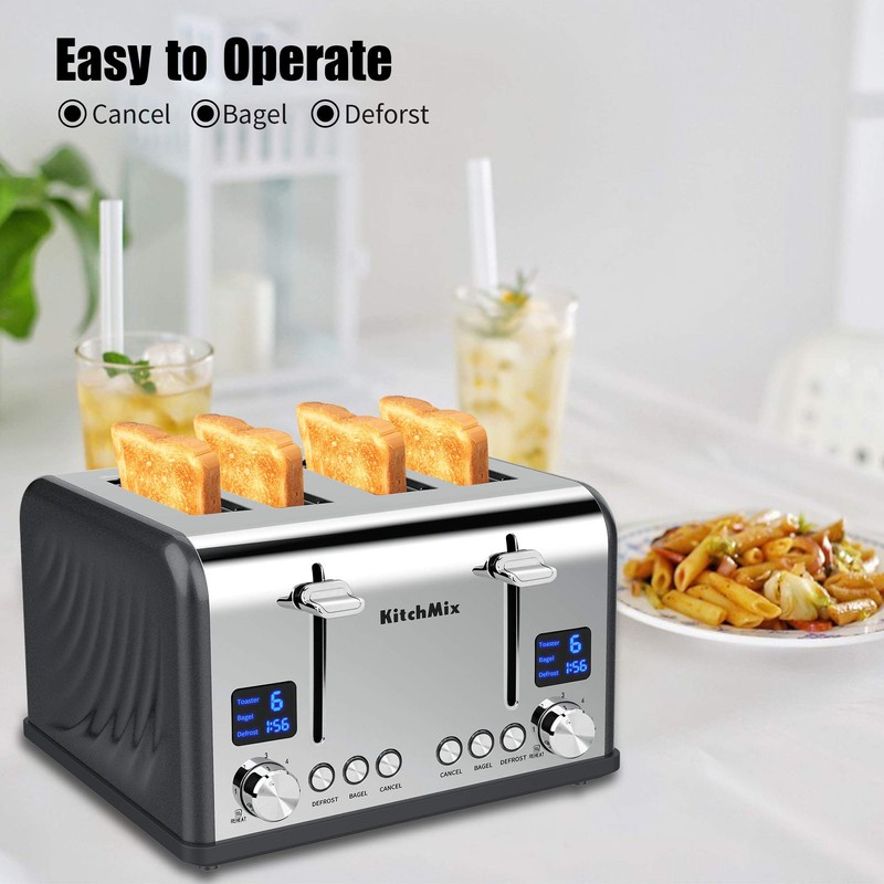 KitchMix Toaster 4 Slice, Bagel Stainless Toaster with LCD Timer,